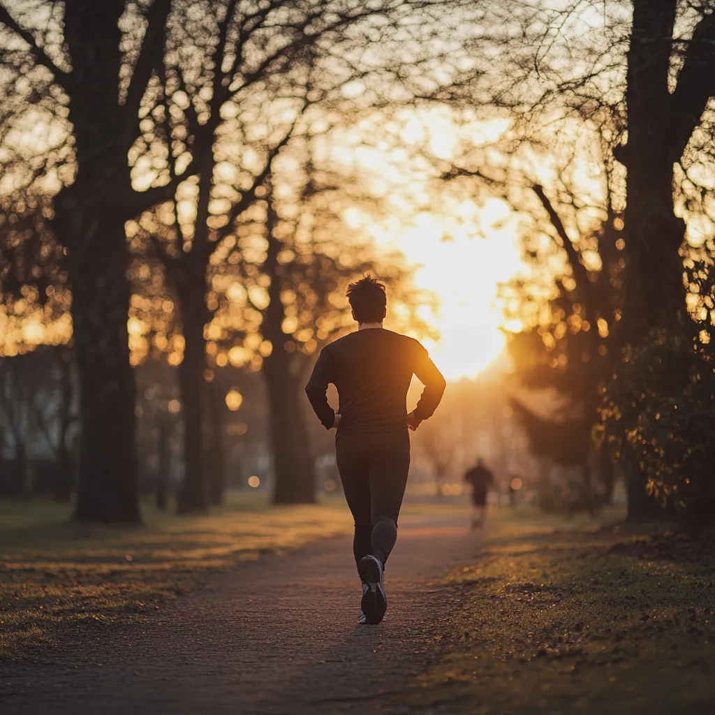 A man running, view from back, golden hour