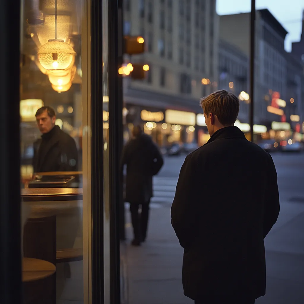A man standing and staring at a window in New York