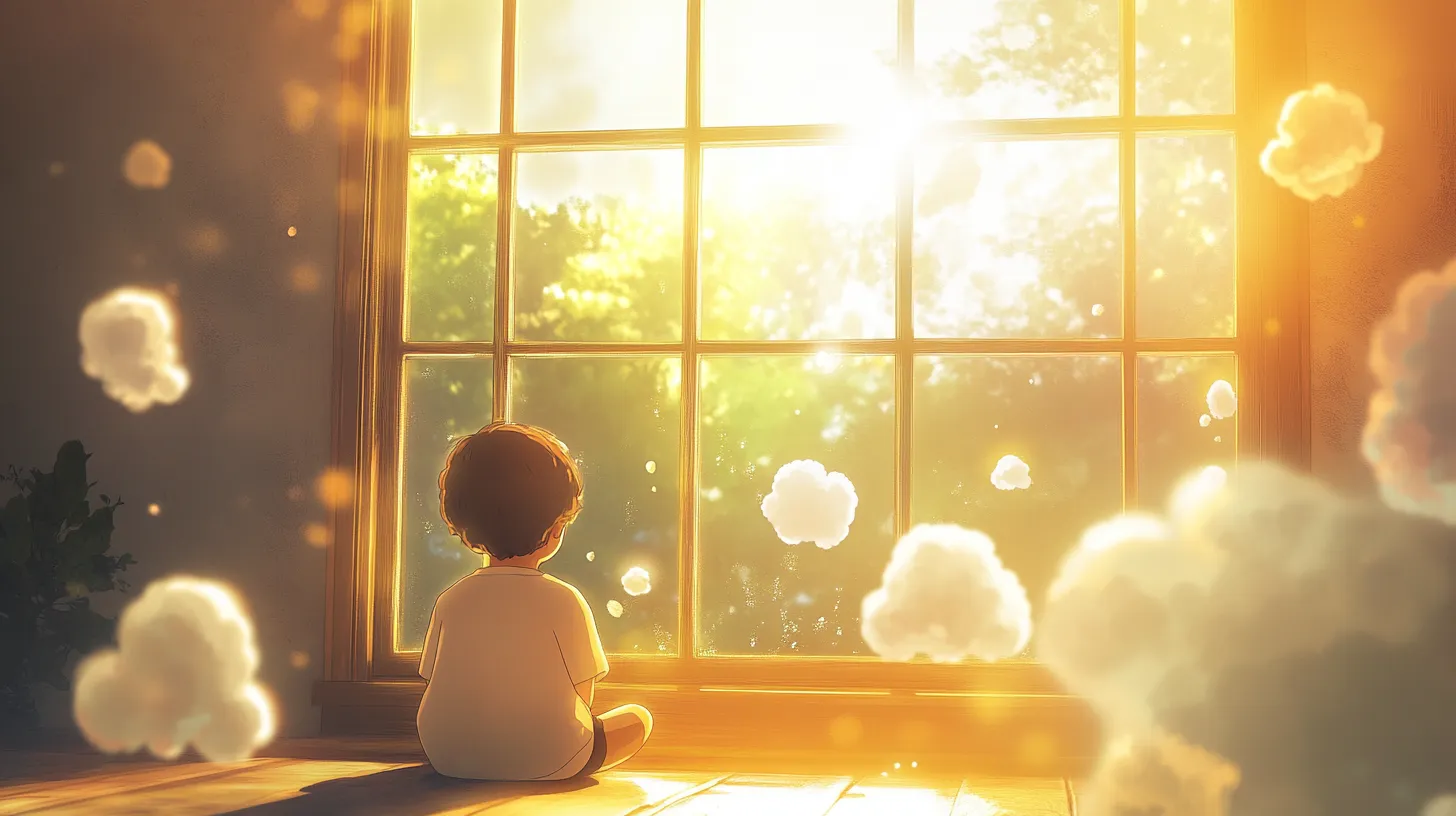 A child sitting in front of french windows