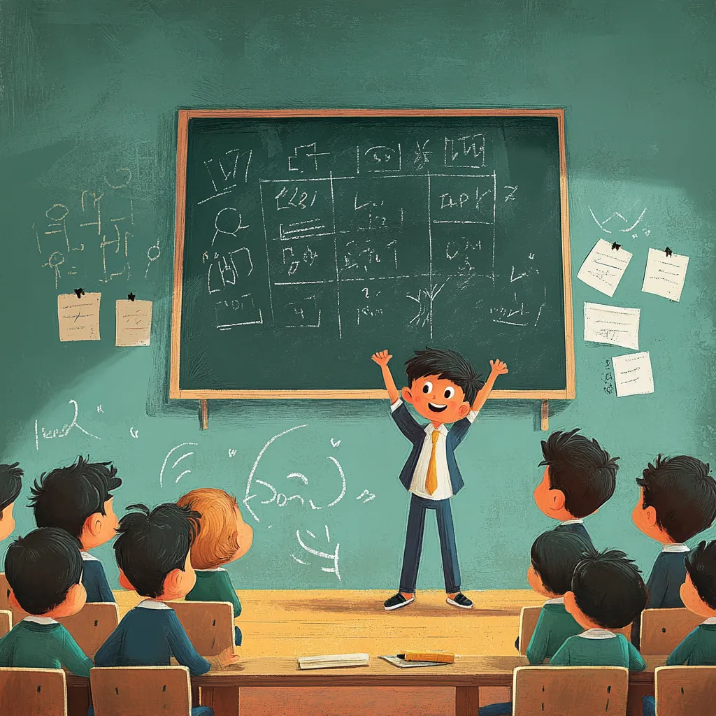 A child standing in front of blackboard in school with arms raised