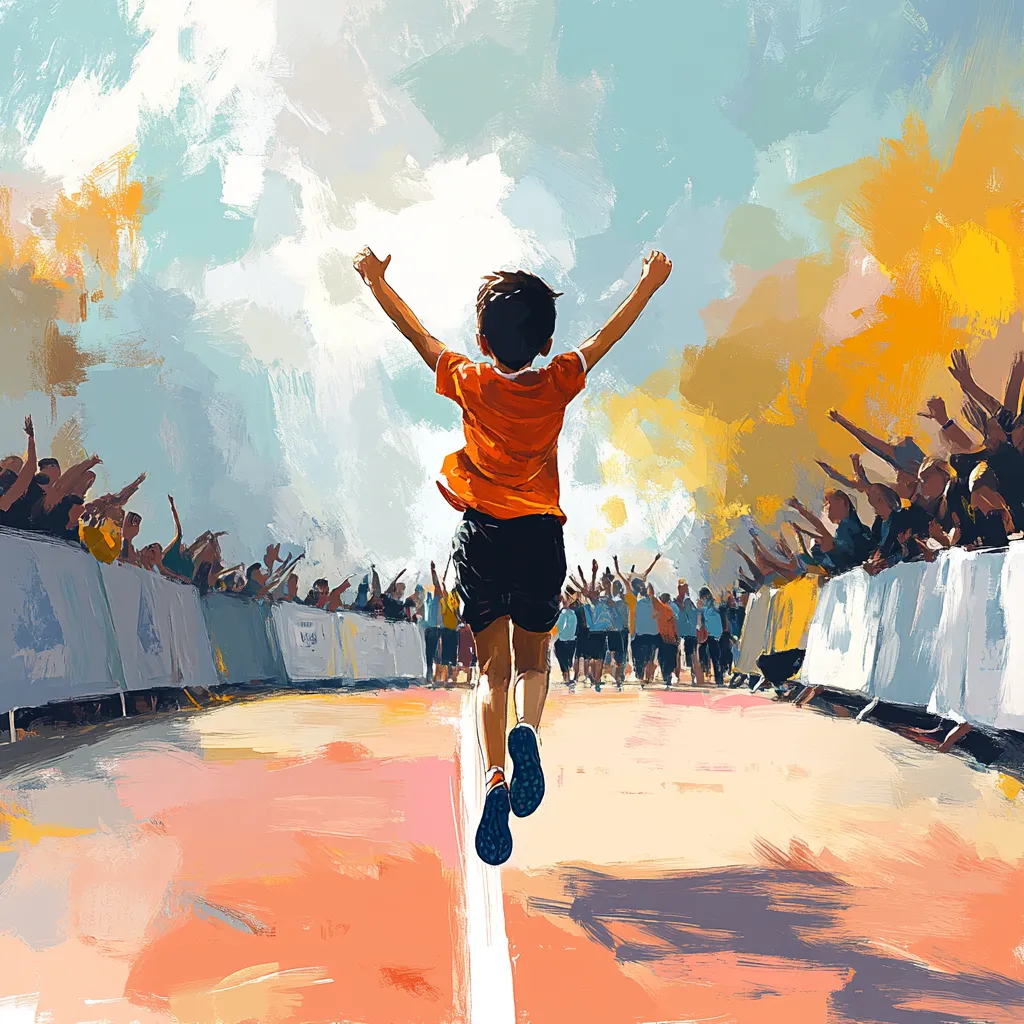 A boy finishing a marathon with arms raised