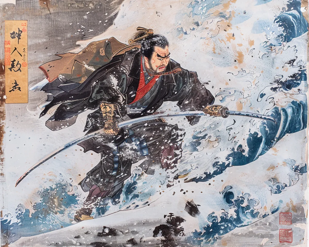 A samurai climing a snowy mountain