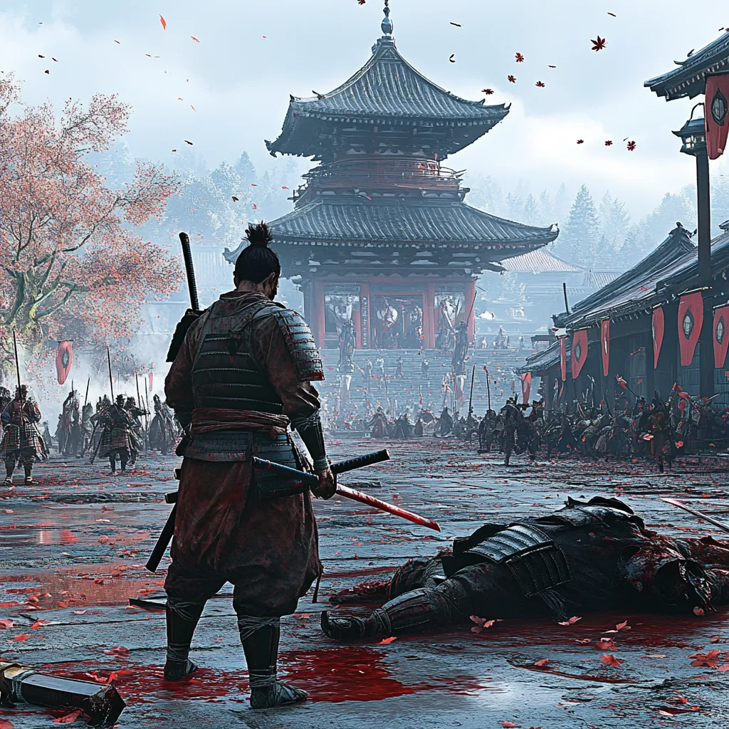 A samurai standing in front of enemy temple after killing the enemy in the fight who is lying down