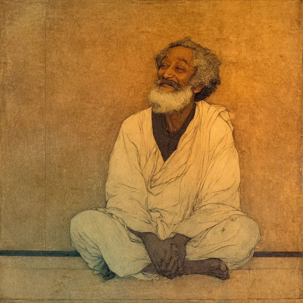 A man sitting cross legged in simple clothes with glowing face and slight smile