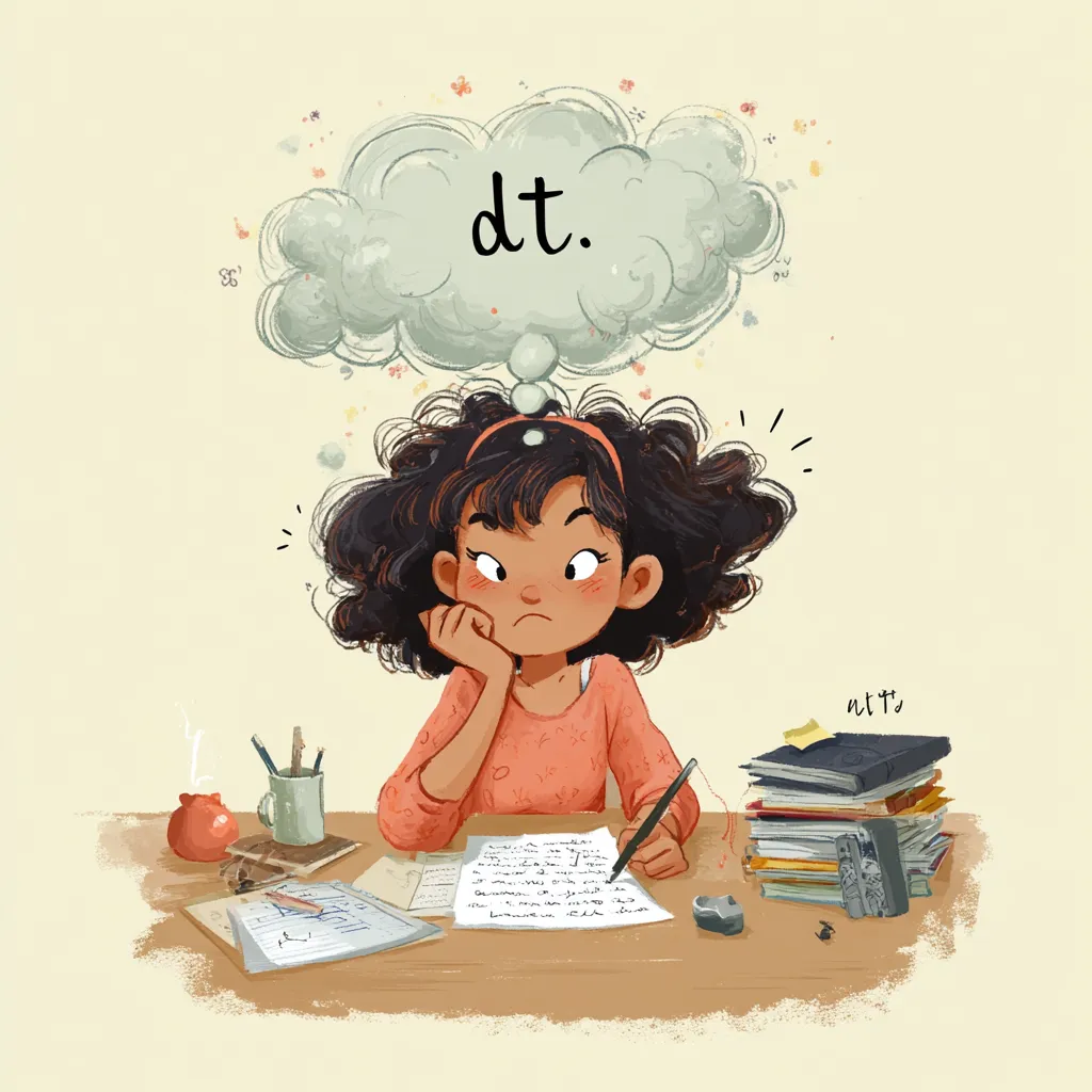 A girl sitting while studying in her thought cloud is dt - showing infitesimal time