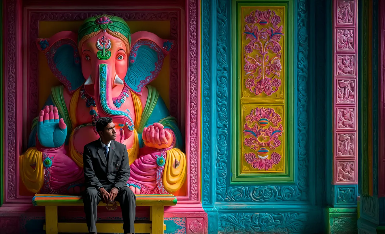 A man sitting in front of Ganesh Murti