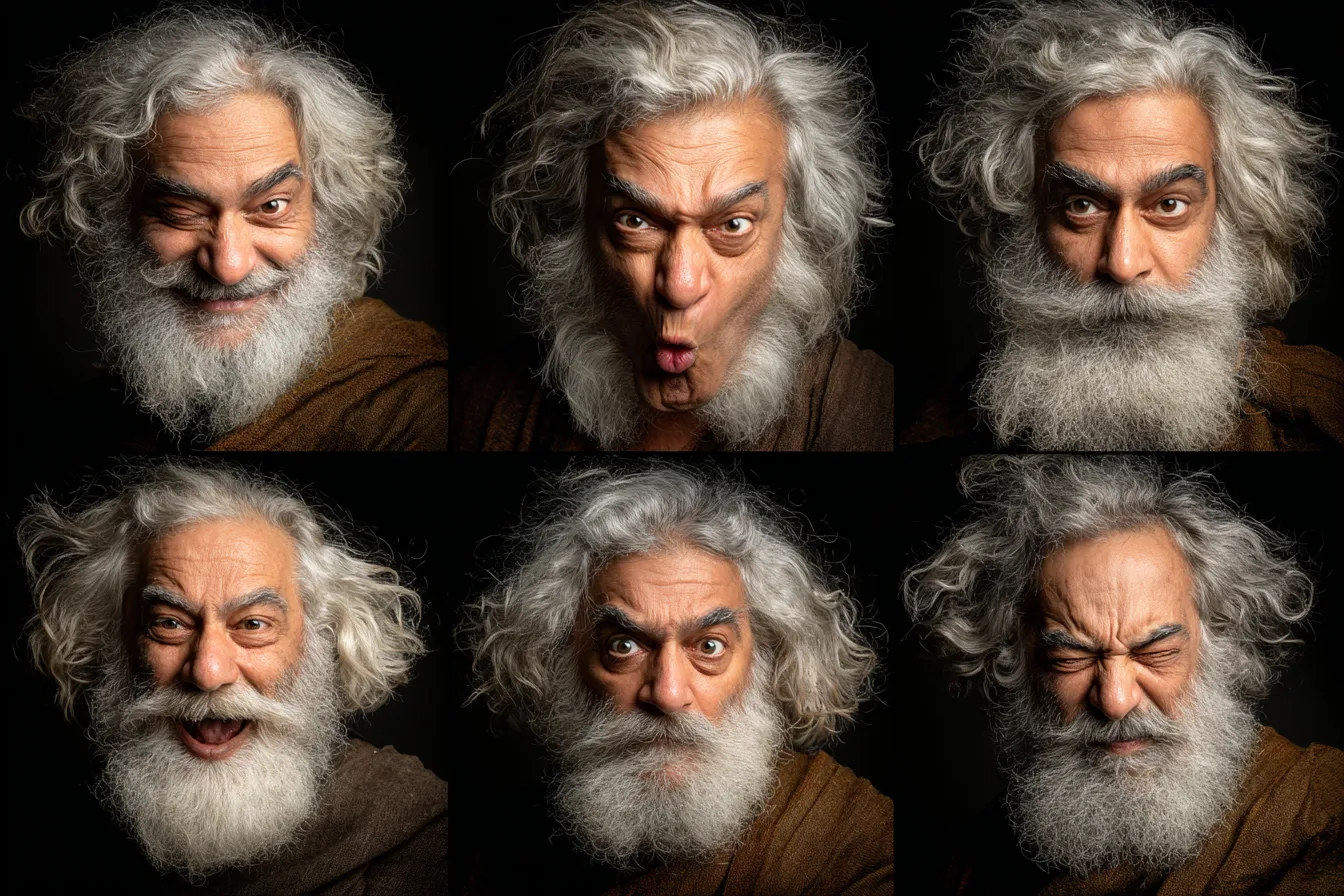 A bearded man showing different emotions