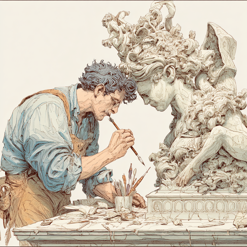 A sculptor engrossed in his work of chiseling the statue