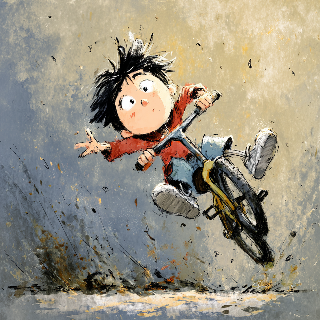 A boy falling from the bike while riding