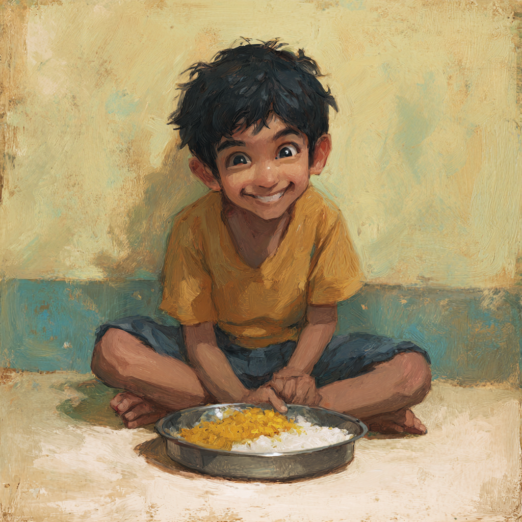A boy eating food from a plate while sitting cross legged